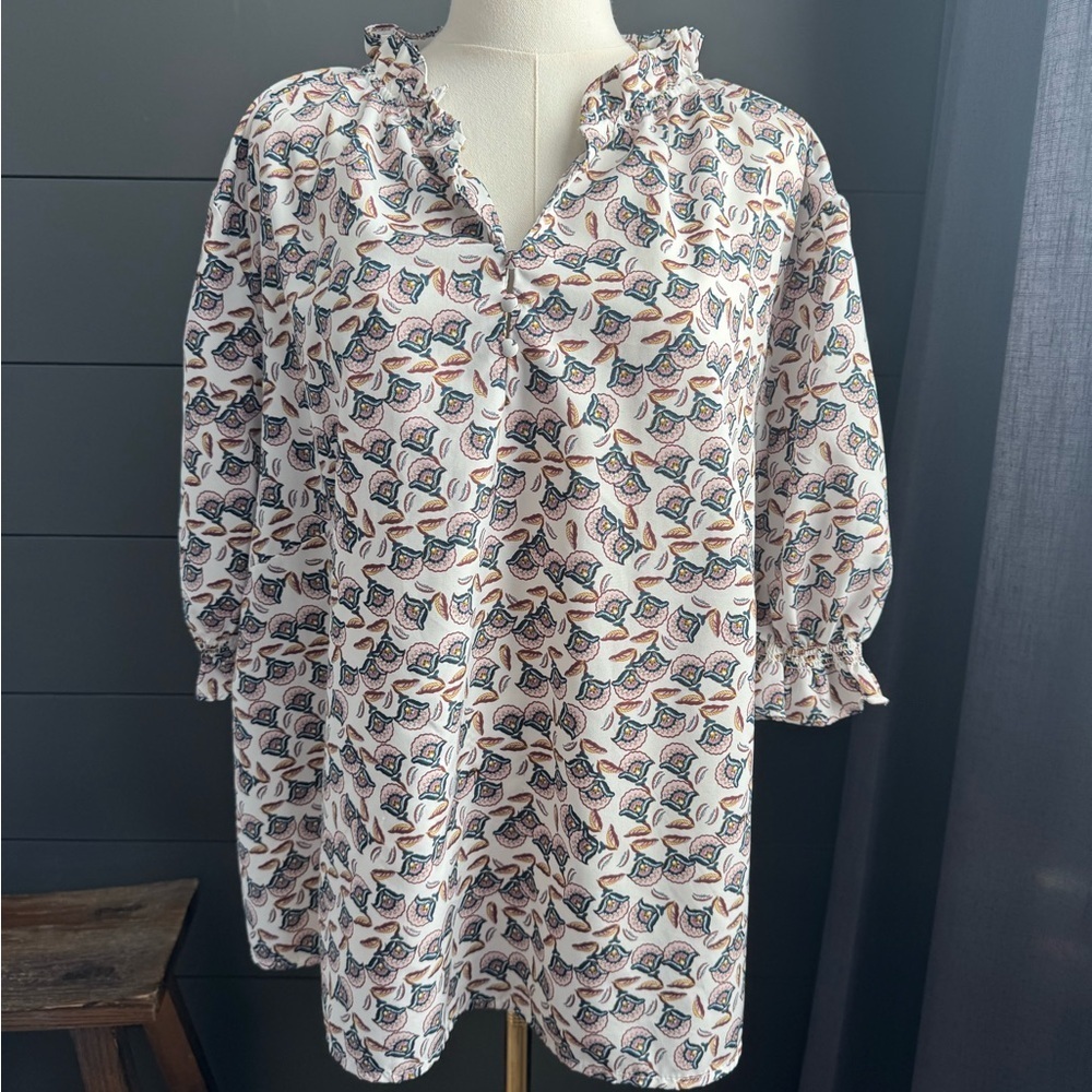 MELLODAY Floral Print Pullover Blouse Lightweight Ruffled Color and Sleeves 2X